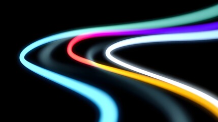Mesmerizing abstract composition of colorful, luminous light trails in fluid, curving motion against a dark background
