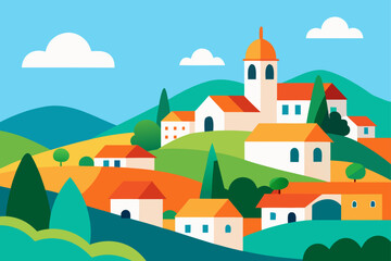 Scenic hillside village with church and houses view