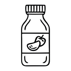 Line art icon of a bottle with a label featuring sliced fruit on a white background, in bottle, container, liquid, drink, vector illustration.