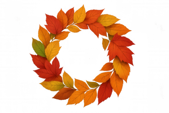 Autumn leaf wreath creating a circular frame, colorful fall foliage arranging a decorative border on transparent