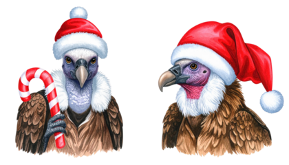 Festive vulture wearing Santa costume dual variation set isolated on transparent background