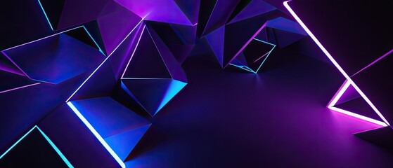 Abstract geometric shapes with vibrant neon light blue and purple glow