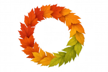Autumn leaves wreath forming a seasonal color gradient, symbolizing fall transition and nature's cycle