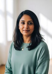 A Portrait Of A Young South Asian Woman With A Gentle Smile, Looking Directly At The Camera In A Bright Indoor Setting. Ideal For Professional Or Lifestyle Content.
