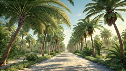 Fototapeta premium Drive down a stunning palm tree lined road on sunny day