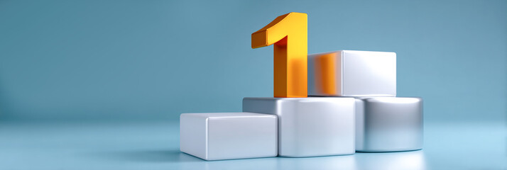 3D illustration of a podium with a prominent orange number one on top, surrounded by white blocks, symbolizing victory and achievement in a competitive environment