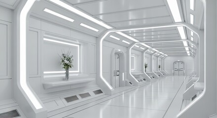 Futuristic white corridor with ambient lighting and minimalist design