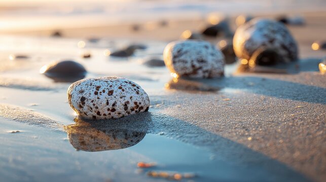 Golden Hour Serenity - Speckled Beach Stones Reflecting Warm Sunset Light on Wet Sand.