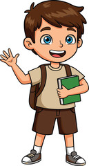 Cartoon school boy smiling, waving hand, holding book, wearing backpack, happy student character, education learning concept, back to school illustration