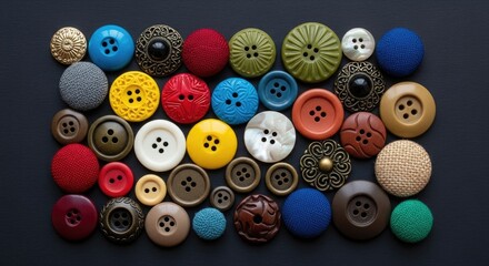 Colorful assortment of diverse sewing buttons sizes textures and materials
