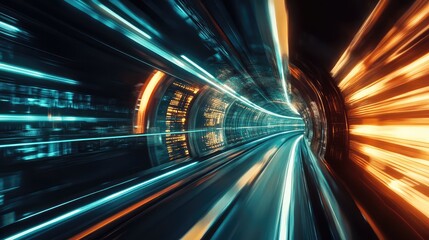 Speeding through a futuristic digital data tunnel