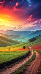 Fototapeta premium Winding dirt road through rolling green hills under a dramatic, colorful sunset sky image photo Full HD 4K Video Download 2025 2026