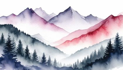 Semi-transparent watercolor mountain landscape wash PNG for overlay on any background.