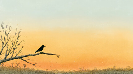 Black bird perched on bare tree branch against soft gradient sky at sunset, evoking calm and peaceful nature scenery