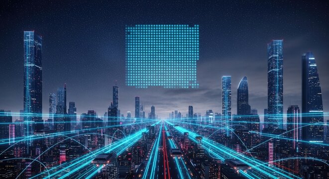 Futuristic smart city with digital data network and glowing cube