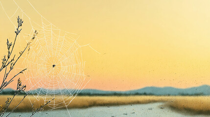 Spider web on dry plant with blurred field and mountain background under warm sky, evoking calm and peaceful nature scene