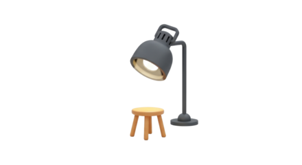 Illustration of a gray studio lamp shining on a small wooden stool, isolated on a white background.