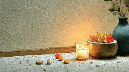 Cozy warm autumn decor with glowing candle, colorful fall leaves in bowl, and decorative vase on textured surface creating calm ambiance