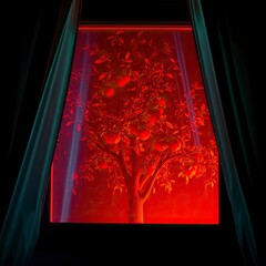 Volumetric lighting illuminating an apple tree view from a bedroom