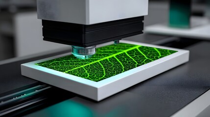 Close-up view of a scientific microscope instrument closely examining the intricate natural pattern and texture of a green leaf sample