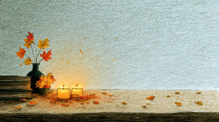 Autumn leaves in black vase with warm glowing candles on wooden surface create cozy minimal fall decoration with soft textured background