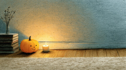 Cozy Halloween scene with small carved pumpkin and lit candle casting warm light on wooden floor and textured wall