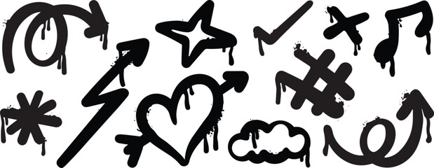 Dynamic collection of black graffiti symbols with dripping paint effects. Features arrows, stars, hearts, and music notes, embodying a raw urban art concept for graphic design