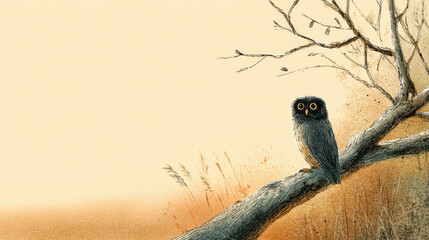 Little owl perched on bare tree branch with soft beige background, creating calm and cozy natural scene