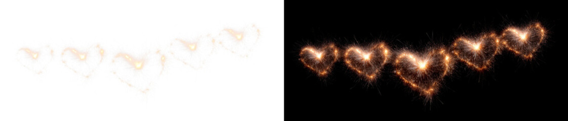 Heart Shaped Sparkles in Glowing Gold Display on Transparent and Black Background, cutout, png