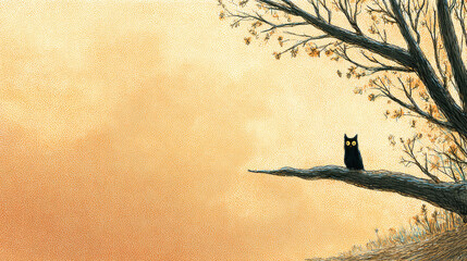 Black owl with yellow eyes perched on tree branch in autumn forest with warm orange sky background