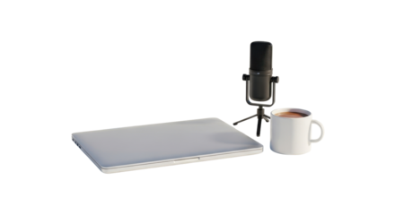 Isolated image of a closed laptop, a microphone on a stand, and a mug of coffee against a white background.