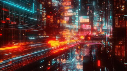 Obraz premium Cyberpunk city street motion blur neon lights