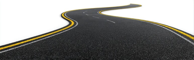 A smooth, curved asphalt road with yellow lines stretches across a clear white background, symbolizing a journey towards a determined goal, with empty space for text or images.