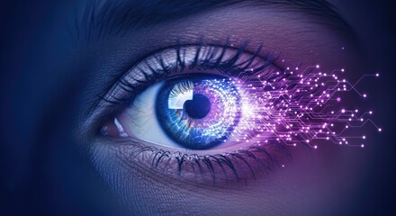 Digital eye with glowing data stream representing future technology vision