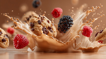 Cookies and berries splash into creamy liquid, creating dynamic and appetizing scene