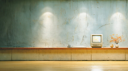 Vintage computer on wooden shelf with dried flowers and books under soft wall lights in minimal retro room
