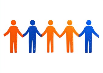 A row of stylized figures, hand-in-hand, in alternating orange and blue
