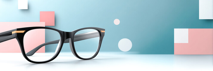 Stylish black eyeglasses resting on a smooth surface, surrounded by colorful geometric shapes, creating a modern and artistic visual composition with copy space