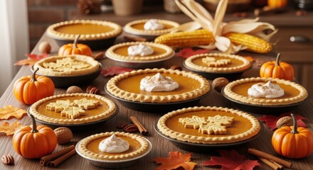 Fototapeta premium Spooky Halloween pumpkin pie assortment presented on rustic wood table with gourds. Halloween pumpkin pie is a holiday essential, perfect for gathering friends and family for a feast.
