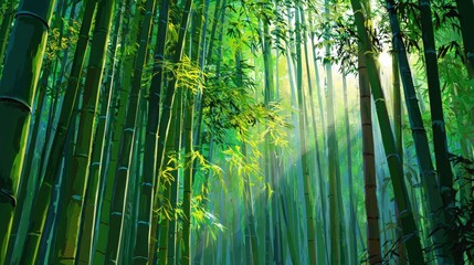 Lush green bamboo forest with sun rays