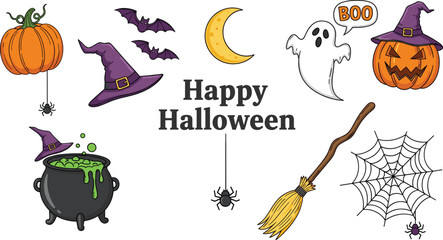 Happy Halloween Festive Cartoon Elements with Spooky Creatures