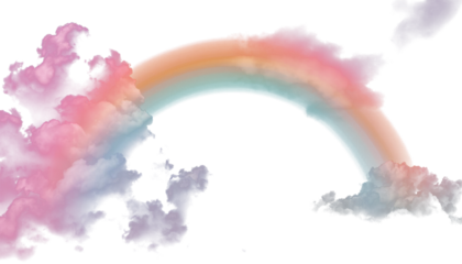 Rainbow and clouds with pastel bright tones and glow PNG for overlay on any background.