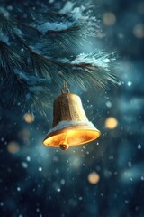 Golden Christmas Bell Ornament Glowing on Snowy Pine Branch with Bokeh Lights.