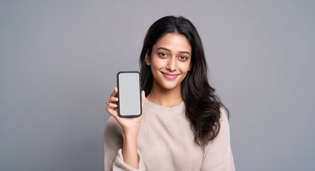 A vibrant portrait of a smiling Indian woman holding a smartphone with a blank screen, inviting engagement against a neutral grey background, exuding confidence and warmth.