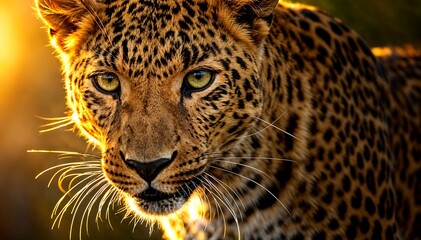 Naklejka premium Alert Leopard Portrait Intense Green Eyes Under Golden Sunlit Glow