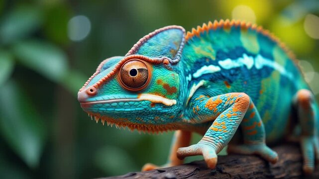 Exotic Chameleon Close-up Video &ndash; Colorful Reptile with Vibrant Scales Walking on Branch for Nature Documentaries and Wildlife Education