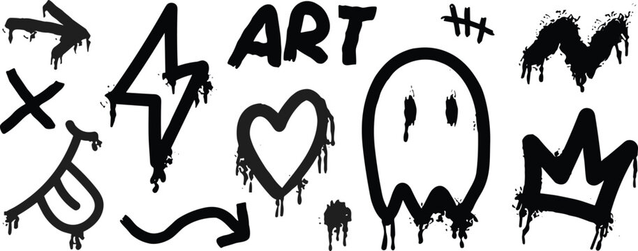 A collection of black graffiti spray paint elements with a dripping effect. Urban street art style doodles including a heart, crown, and ghost character