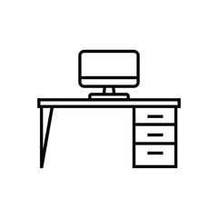 Line art displays a black desk beneath a monitor with three drawers on white background