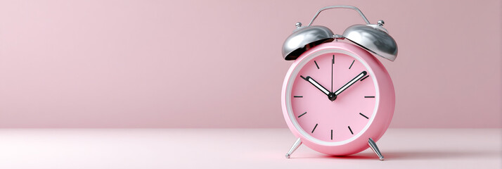 Vintage pink alarm clock with silver bells and black hands, resting on a soft pink surface, creating a nostalgic and cheerful atmosphere for time management concepts