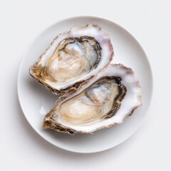 Two fresh oysters on a small white plate